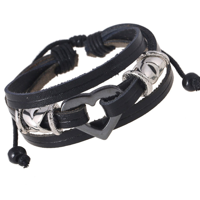 Punk European American Beaded Cowhide Leather Bracelet With Heart Charm For Couples Fashion Bangle