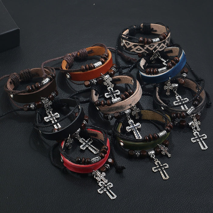Personalized Beaded Multi Layer Cowhide Leather Couple Bracelet European Vintage Jewelry