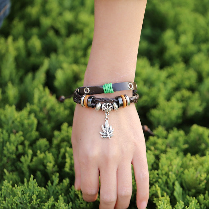 Yiwu Cowhide Leather Bracelet With Maple Leaf Pendant, Jewelry