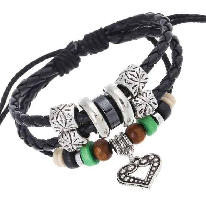 Beaded Leather Bracelet With Alloy Heart Charm PU Leather Wristband Yiwu Jewelry