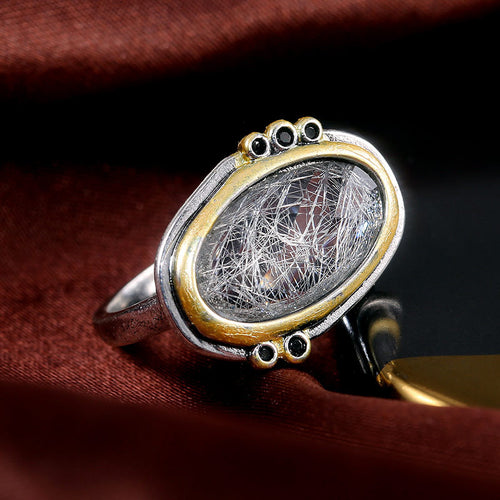 Oval Vintage Pattern Two Tone Statement Ring shown in alternate angle