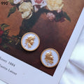 Gold Bezel White Enamel Lady Profile Cameo Stud Earrings view 6