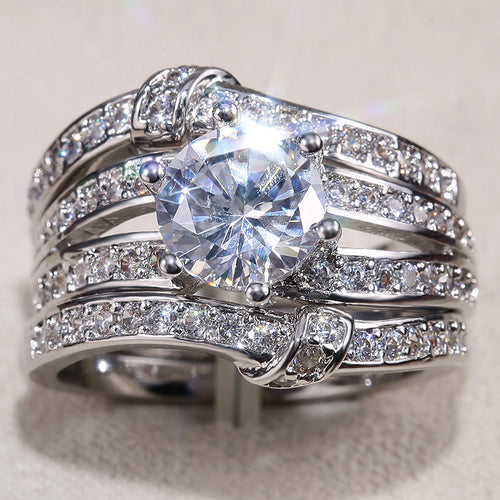 Three Piece Round Solitaire Crystal Ring Set styled close-up