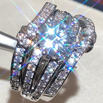 Three Piece Round Solitaire Crystal Ring Set in Two Tones