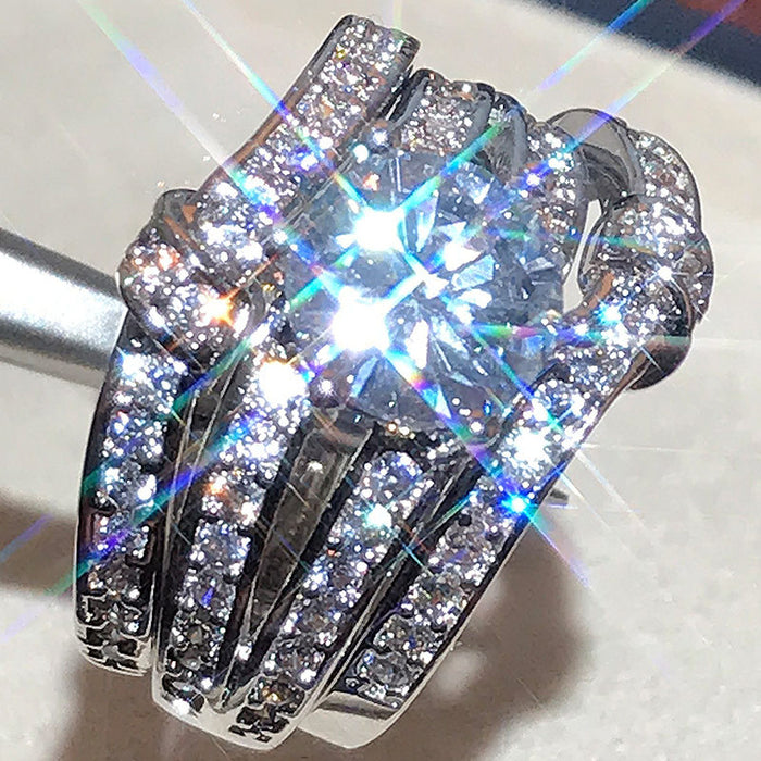 Three Piece Round Solitaire Crystal Ring Set in Two Tones