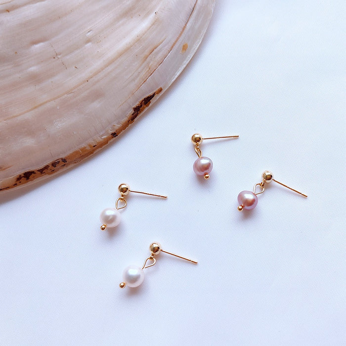 Gold Freshwater Pearl Drop Stud Earrings Ball Post