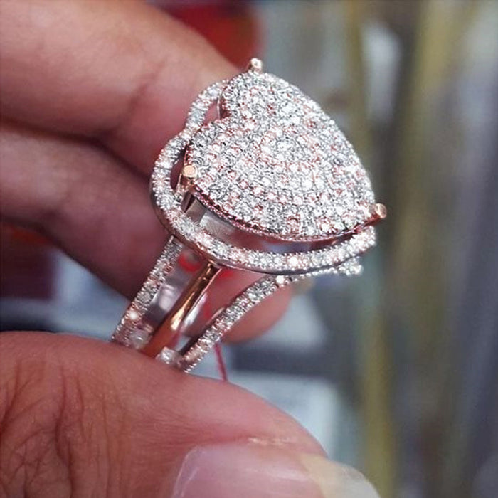 Rose Gold Tone Layered Heart Ring with Clear Stones