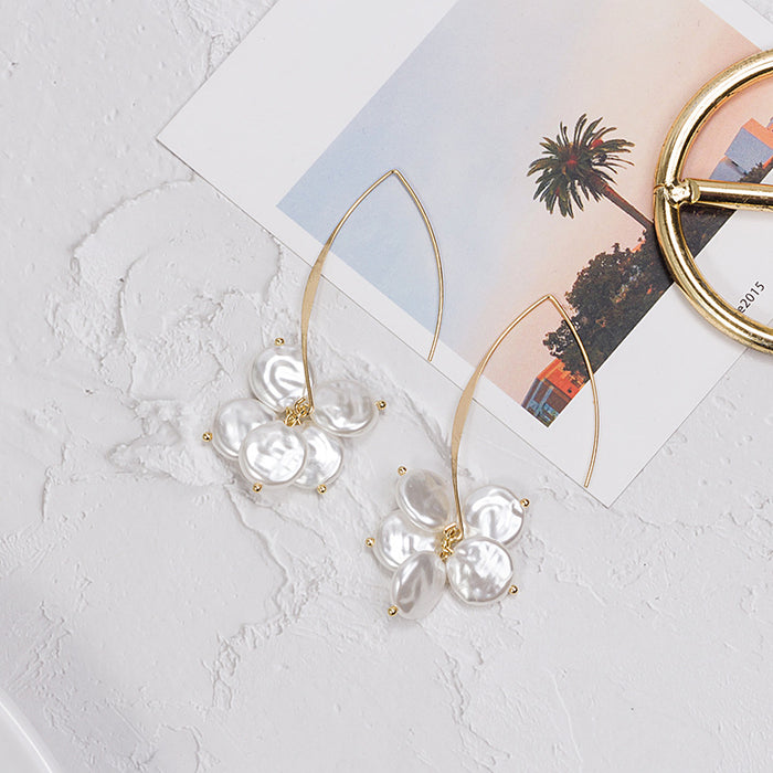Long Gold U Wire and White Pearl Look Petal Earrings