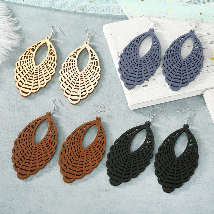 Openwork Woven Teardrop Wood Hook Earrings in Four Colors
