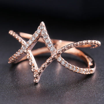 Rose Gold Tone Open Star Ring with Clear Stones Polished Metal Jewelry