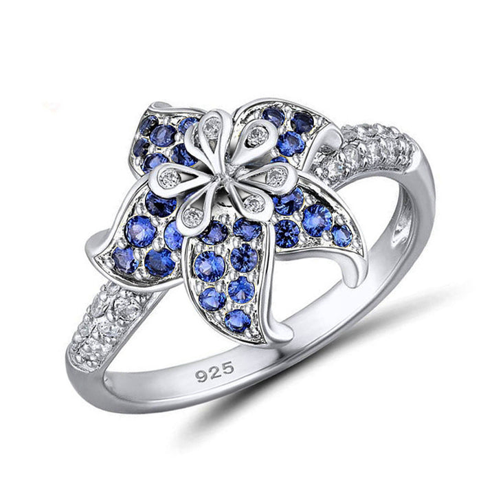 Blue And White Flower Ring With Open Petal Design Jewelry