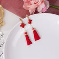 Eleven Red Festive Chinese Symbol Long Tassel Earrings view 3
