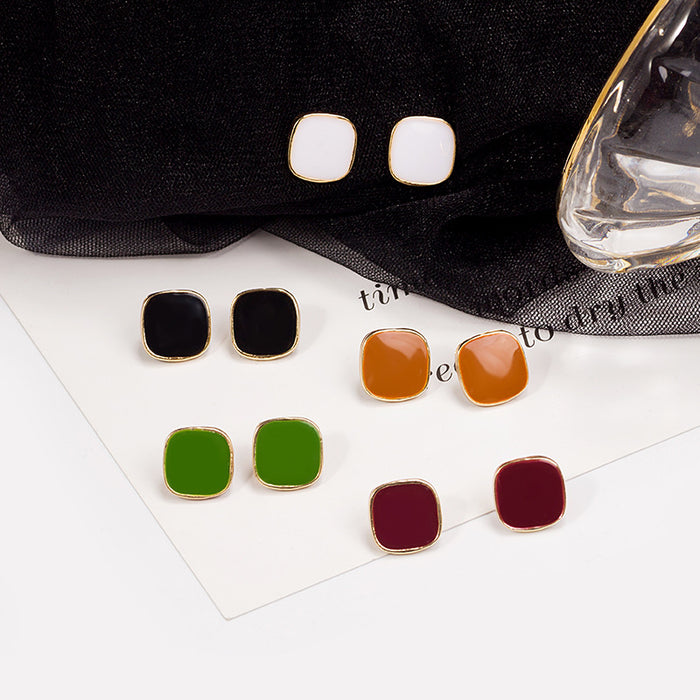 Gold Rim Glossy Rounded Square Stud Earrings in Four Colors