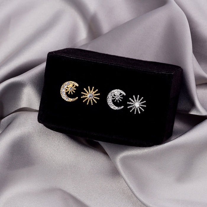 Mismatched Clear Look Crescent Moon and Sun Stud Earrings