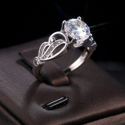 Clear Stone Openwork Floral Silver Tone Ring shown in alternate angle