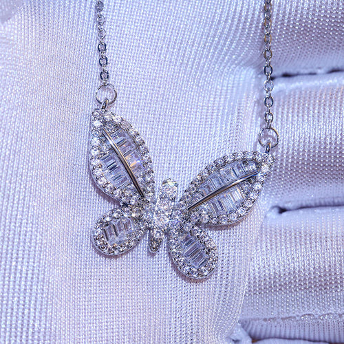 Pavé Butterfly Pendant Chain Necklace in Silver Tone shown in product close-up