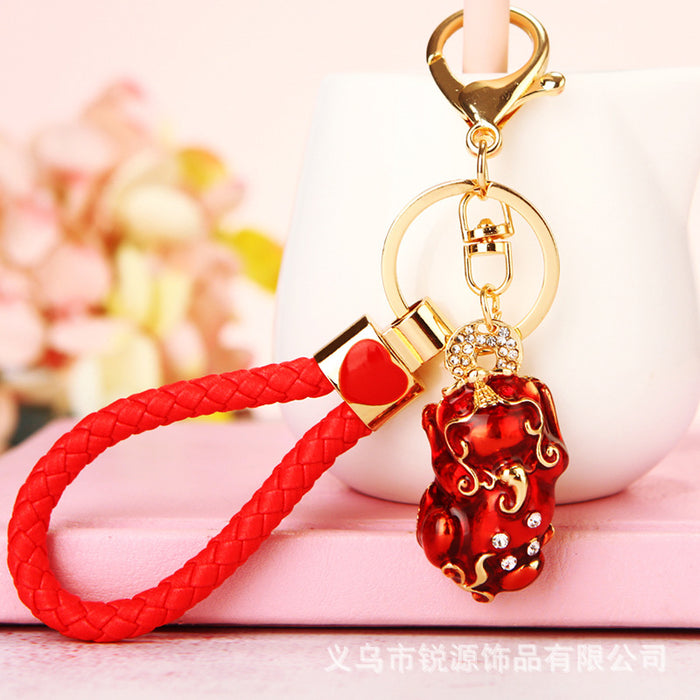Jeweled Pixiu Braided Wrist Strap Keychains in Seven Pictured Colors