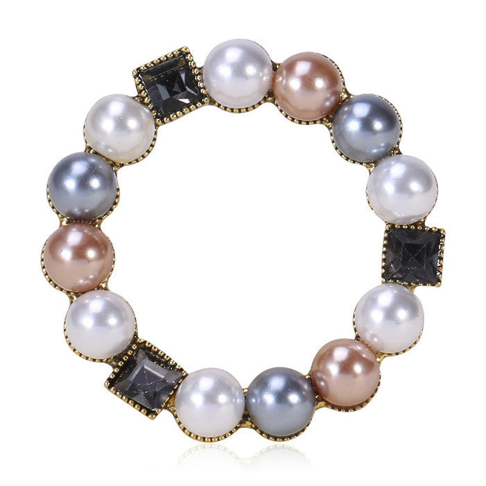Round Multicolor Pearl Wreath Brooch With Dark Crystals