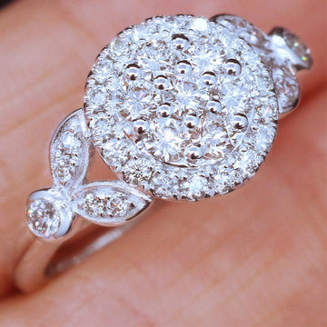 Round Pavé Cluster Ring With Leaf Side Accents Jewelry