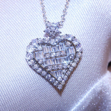 Heart Shaped Baguette Crystal Pendant in Silver Tone
