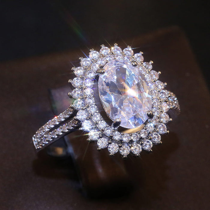 Silver-Tone Oval Crystal Ring With Double Halo Jewelry