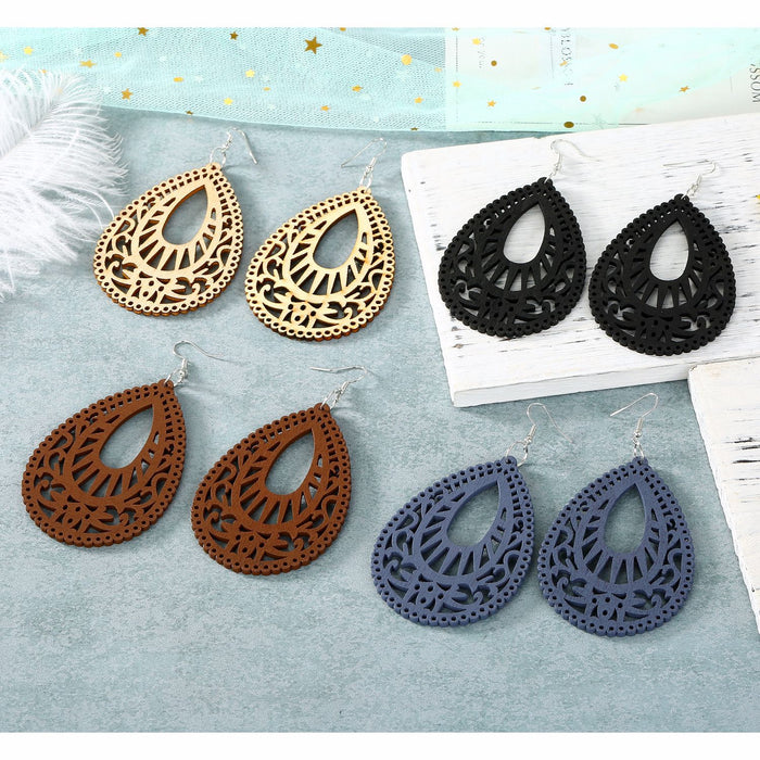 Openwork Filigree Teardrop Wood Hook Earrings in Four Colors