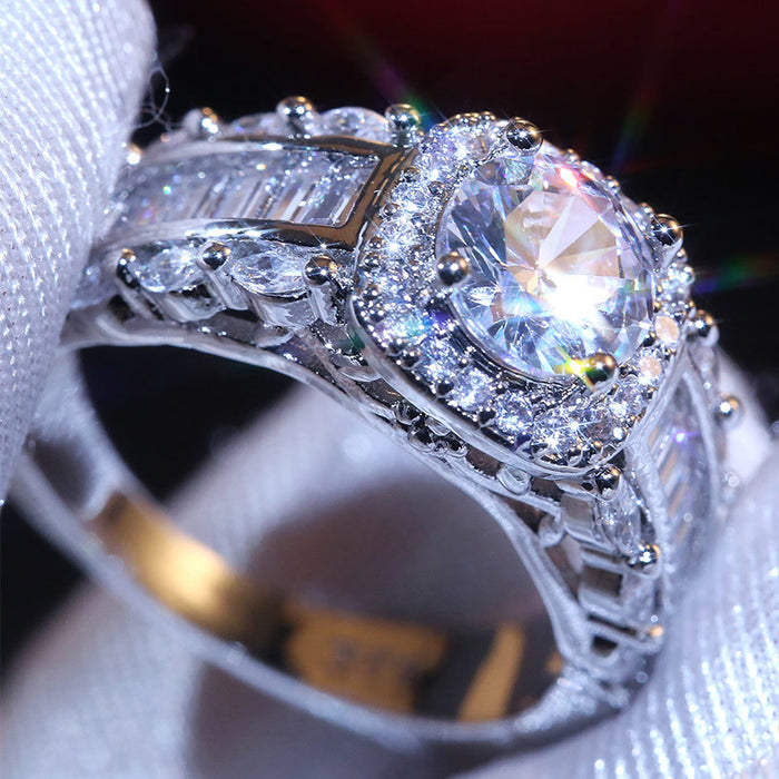 Silver-Tone Round Crystal Ring With Baguette Side Stones