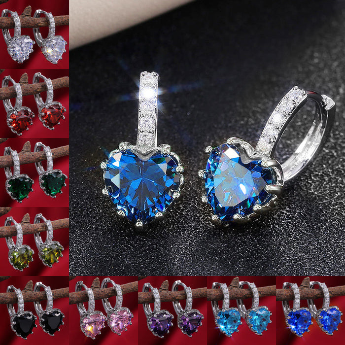Heart Stone Huggie Drop Earrings Nine Colors Silver Tone