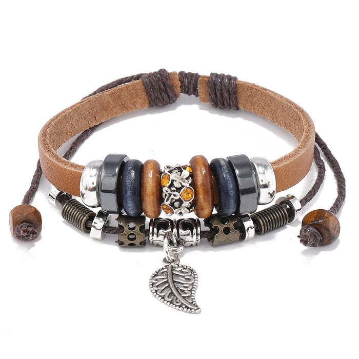 Multilayer Handmade Beaded Adjustable Cowhide Leather Bracelet For Men And Women