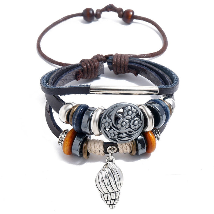 Beaded Cowhide Leather Bracelet With Alloy Small Conch Shell Pendant Genuine Leather Jewelry