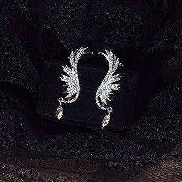 Silver Angel Wing Clear Look Ear Climber Stud Earrings