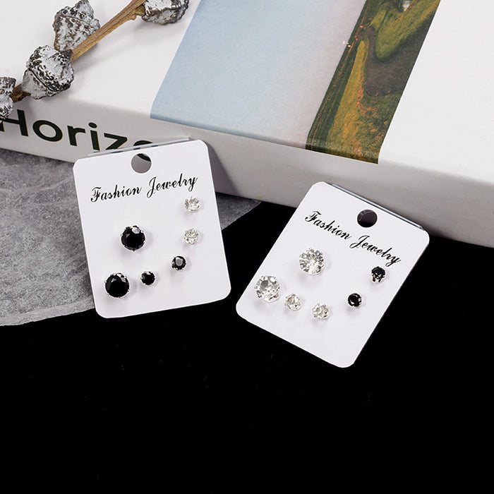 Three Pair Black and Clear Look Tiny Stud Earring Set