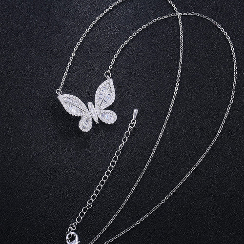 Pavé Butterfly Pendant Chain Necklace in Silver Tone shown in alternate angle