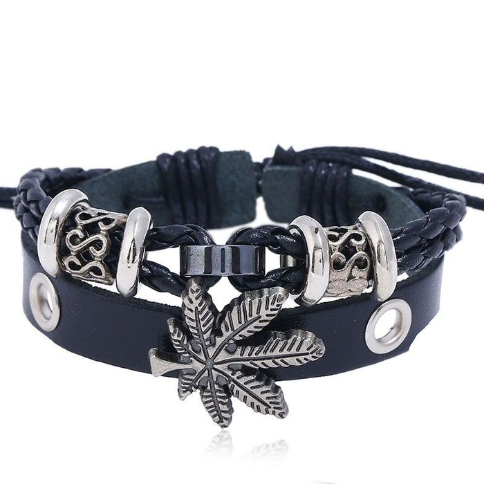 Punk Alloy Maple Leaf Cowhide Beaded Bracelet, European American Men's Braided Jewelry