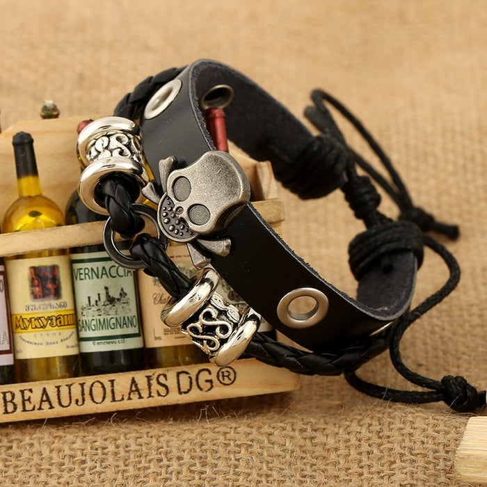 European American New Beaded Leather Bracelet Direct Personalized Woven Adjustable Mens Skull Wristband