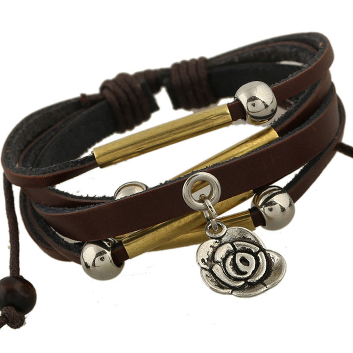 New Fashion Rose Flower Cowhide Leather Bracelet Beaded Antique Style Hot Selling Jewelry Accessory