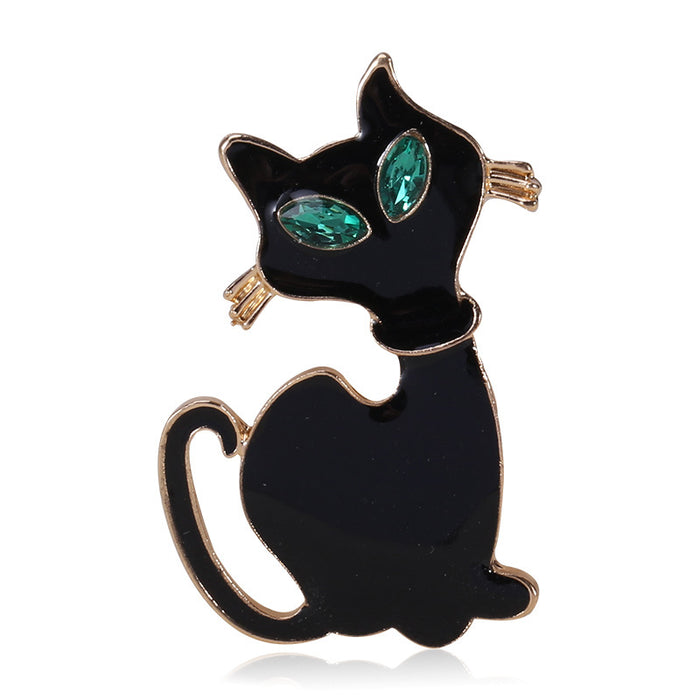 Long Tail Cat Brooch in Black or White With Green Eyes