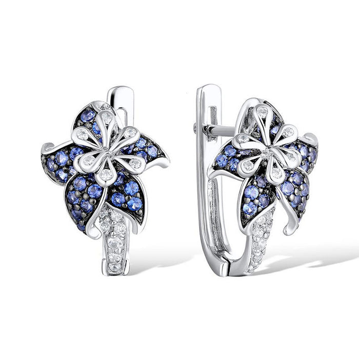 Blue and Clear Crystal Floral Teardrop Huggie Earrings