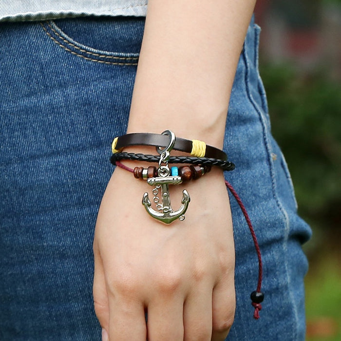 Handmade Beaded Genuine Leather Bracelet Couples Cowhide Jewelry