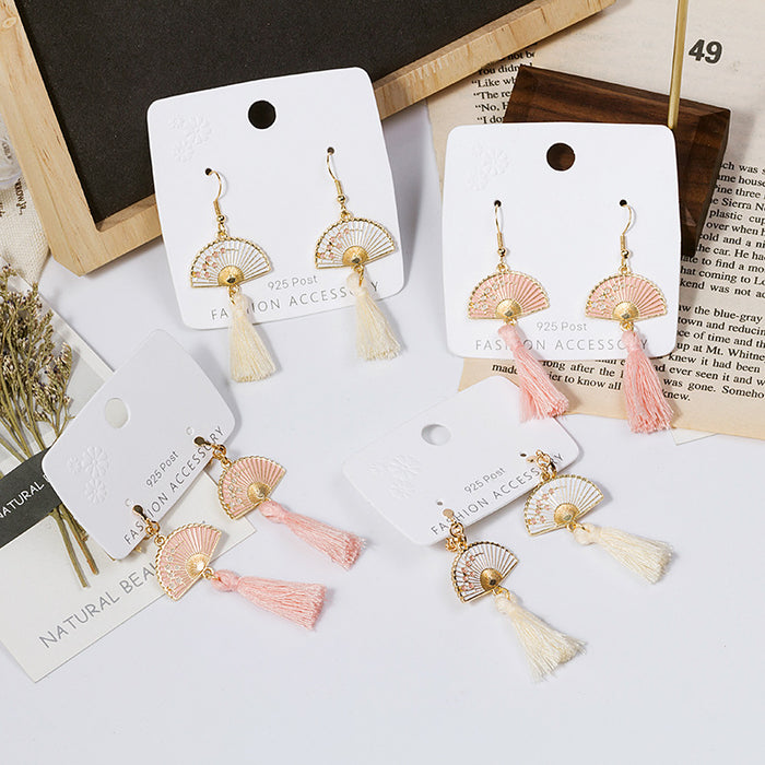Eight Fan Tassel and Pearl Look Hook Clip Earrings
