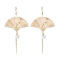 Gold and Silver Folding Fan Pearl Look Tassel Earrings view 1