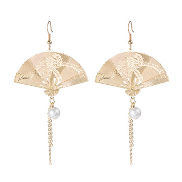 Gold and Silver Folding Fan Pearl Look Tassel Earrings