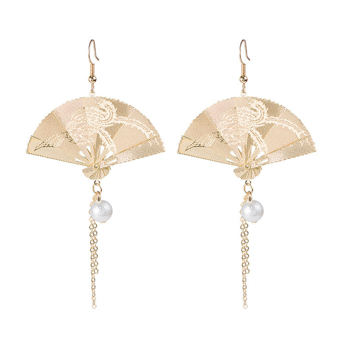 Gold and Silver Folding Fan Pearl Look Tassel Earrings