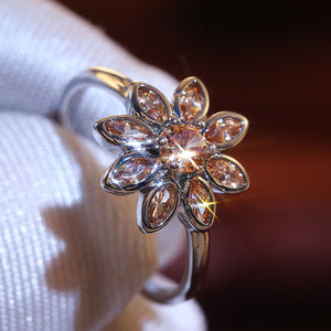 Champagne Stone Daisy Flower Ring In Silver Tone Jewelry