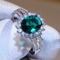 Green Oval Solitaire Halo Split Pave Ring In Silver Tone view 4