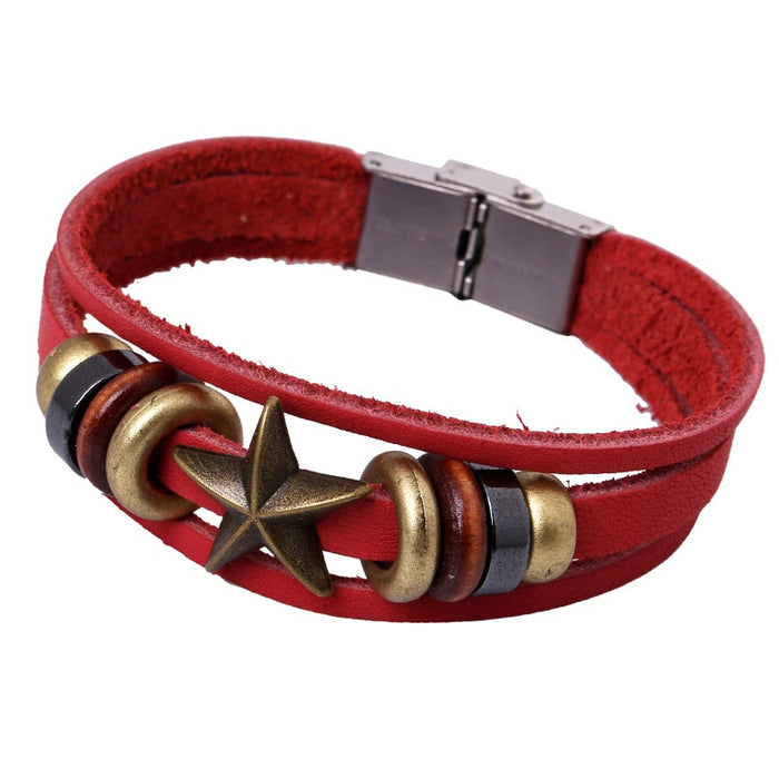 Vintage Punk Genuine Cowhide Leather Bracelet With Alloy Five Point Star Charm Accessory