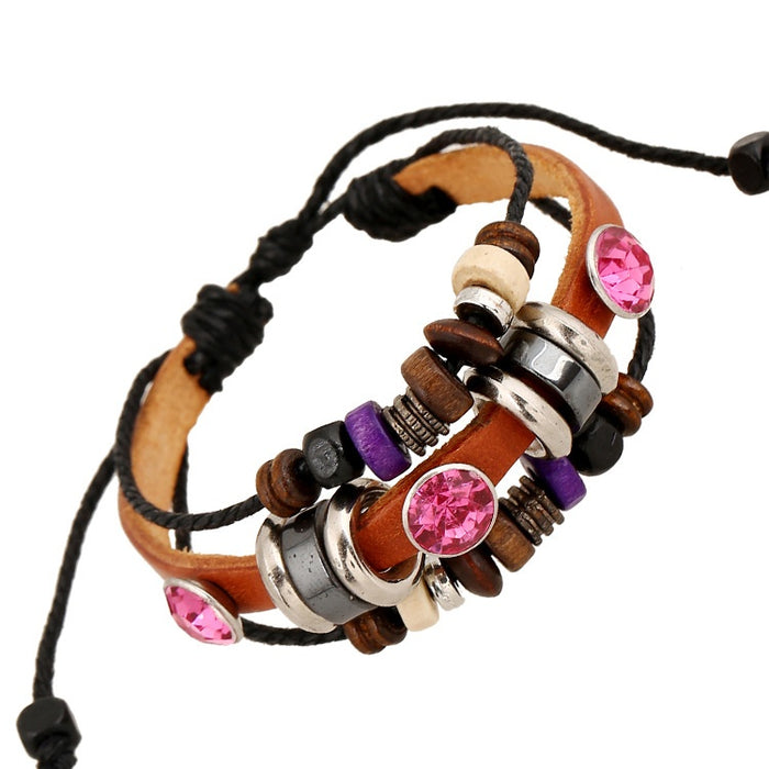 Punk Style Beaded Cowhide Leather Bracelet Vintage Fashion Personality Accessory