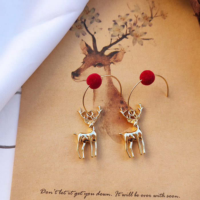 Gold Tone Reindeer Charm Earrings With Red Pom Posts