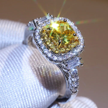 Yellow Cushion Solitaire Double-Halo Baguette-Side Ring Silver Tone