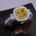 Yellow Cushion Solitaire Double-Halo Baguette-Side Ring Silver Tone view 2